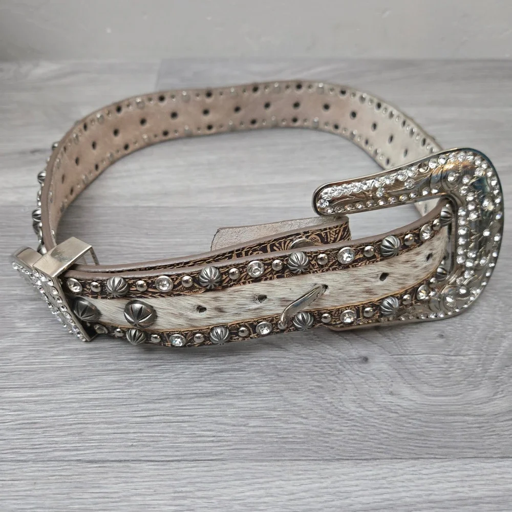 Angel Ranch Brown Leather Belt Small Western Rhinestone Cowhide Studded Cowgirl